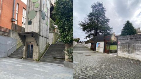 A la izquierda la entrada a los Jardines de La Rodriga desde la calle Campomanes y a la derecha desde el Seminario Metropolitano