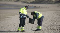 Dos operarios recogen plets de plstico en las playas de Asturias.