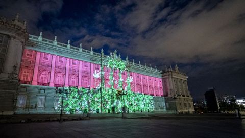 Imgenes artsticas proyectadas sobre la fachada del Palacio Real de Madrid por los actos de conmemoracin del dcimo aniversario de la proclamacin de Felipe VI