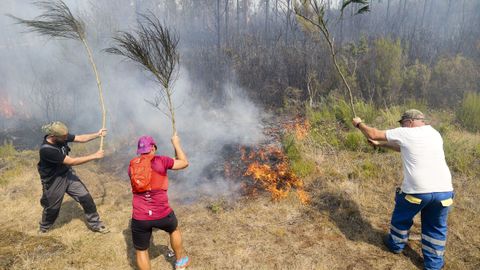 Vecinos luchando contra el incendio declarado en Melide.