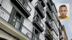 Fachada de la vivienda de una de las v�ctimas del presunto asesino en serie. Sobreimpresionada, la foto de Nelson David M. B., sospechoso de los asesinatos, que ya fue detenido por estafa por la Ertzaintza en el 2019.