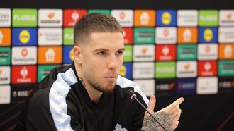 El jugador del Celta Mihailo Ristic, en la rueda de prensa previa al partido ante el Estrella Roja.