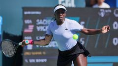 Octubre 14, 2023, Monastir, Tunisia. Sachia Vickery jugando al tenis.