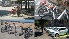 Arriba, a la izquierda, las bicicletas gratuitas de Gij�n-Bici y, a la derecha, las de Tucycle. Abajo, dos patinetes de Reby en aparcabicis de Poniente y los coches el�ctricos de Guppy, en Fomento.