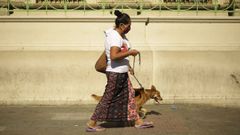 Una mujer pasea su perro protegida con mascarilla