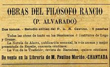 <span lang= es-es >Filosof�a a cinco pesetas</span>.  Anuncio de una librer�a chantadina en �El Centinela�, en el que se ofrecen las obras del religioso andaluz Francisco Alvarado, conocido por el seud�nimo de Fil�sofo Rancio