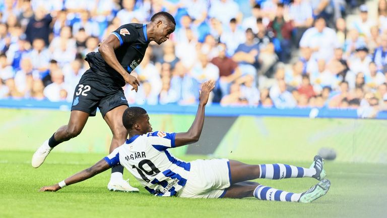Bil Nsongo, en una de las llegadas del Deportivo en Anoeta.