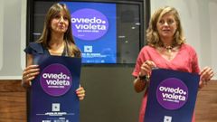 Las concejalas de Pol�ticas Sociales, Concepci�n M�ndez y Leticia Gonz�lez, presentan el punto violeta de las fiestas de San Mateo 2022