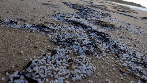 P�lets del buque Tocomao en la playa de Queiruga, en enero del 2024