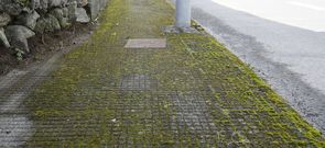 En Sardi�eiro, una acera resulta muy estrecha en zonas y la otra est� llena de musgo. 