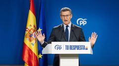 El presidente del Partido Popular, Alberto Nez Feijoo, durante una rueda de prensa en la sede del PP.