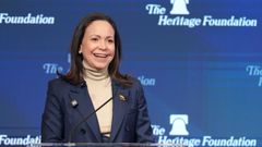 La l�der opositora venezolana y Premio Nobel de la Paz, Mar�a Corina Machado, habla en una rueda de prensa este viernes, en Washington (Estados Unidos).