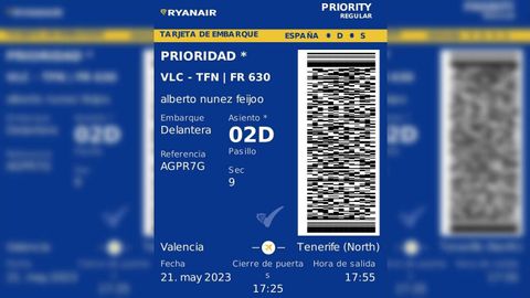 Tarjeta de embarque facilitada por el PP del vuelo que iba a coger Alberto Núñez Feijoo desde Valencia a Tenerife