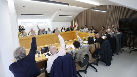 Los concejales del PP y el del BNG (Tino Alvite, tercero por la izquierda, al fondo), votando en contra de los presupuestos en el pleno de marzo