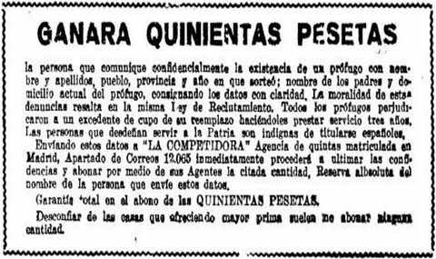 Anuncios de agencias que se dedicaban a capturar prófugos del Ejército para que otros soldados que habían sido excedente de cupo pudieran volver a casa