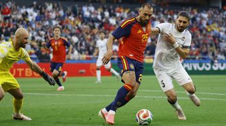 Borja Iglesias, durante el partido entre Espa�a e Irak en A Coru�a.