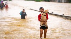 Un hombre rescata a su perro de las inundaciones pluviales en Tailandia.