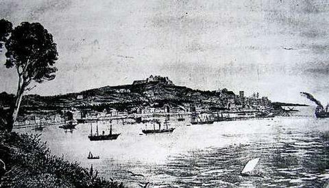Varios vapores fondeados en la poza del puerto de Vigo, frente al actual Areal, en el a�o 1858.