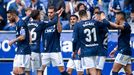 Los jugadores del Oviedo celebran el gol de Dani Calvo al Racing