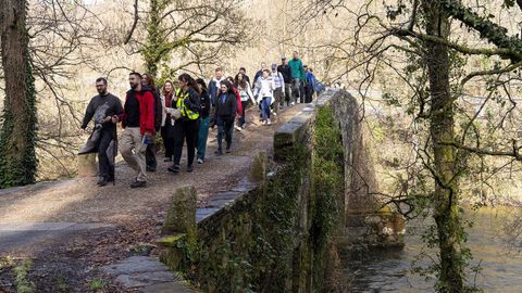 El grupo, pasando por el puente de San Alberte, que salva el r�o Parga
