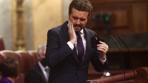 El l�der del PP, Pablo Casado, durante el debate celebrado este mi�rcoles en el Congreso