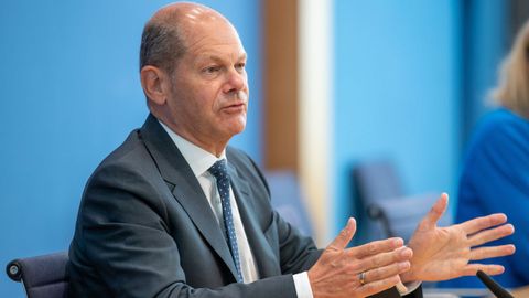 El ministro de Finanzas alem�n, Olaf Scholz, durante la rueda de prensa de esta ma�ana