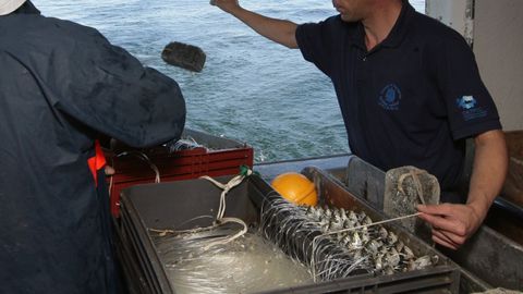 Imagen de archivo de marineros largando un aparejo de anzuelo