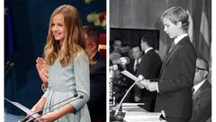 Combo de fotografas de la princesa Leonor, durante su primer discurso en la ceremonia de entrega de los Premios Princesa de Asturias 2019, este viernes, y de su padre, el entonces Prncipe de Asturias Felipe de Borbn, durante su primer discurso en la entrega de los Premios Prncipe de Asturias el 31 de octubre de 1981.