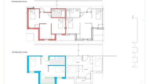 En la parte de arriba se puede ver la distribuci�n actual, con tabiques que separan el interior de las habitaciones dobles, y abajo se quitan esos tabiques, se colocan zonas extensibles. Adem�s se puede ver que se ampl�a el pasillo, los ba�os y se habilita una terraza