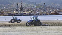 Tractores arando la playa en Combarro como si fuese una finca