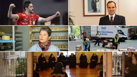 De arriba a abajo y de izquierda a derecha, Ra�l Entrerr�os, Alfredo Mart�nez, Isaura Souza, voluntarios del Banco de Alimentos de Asturias y las monjas de San Pelayo