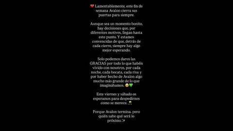 Comunicado cierre de Avalon a trav�s de Instagram