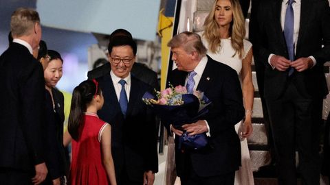 Donald Trump, recibido con flores en Pek�n tras ser recibido por Han Zheng, vicepresidente de China