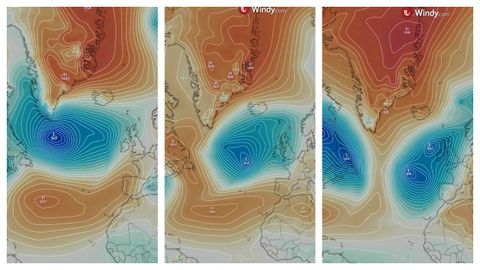 <br />Nesta secuencia apréciase o proceso de formación do bloqueo groenlandés e os seus efectos. A medida que unha masa de aire cálido ascende desde o Atlántico cara ao Ártico refórzase unha dorsal anticiclónica sobre Groenlandia, visible en tons avermellados. Ao mesmo tempo, o fluxo descendente de aire cara a latitudes máis baixas dá lugar á formación dunha borrasca no Atlántico oriental. O resultado é un patrón con altas presións ao norte e baixas ao sur.