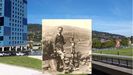 Imagen de un joven alférez que una investigación identifica como Alfonso Martínez, durante los inicios de la Guerra Civil, superpuesta a una foto actual de la zona de la Cadellada de Oviedo