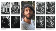 El dibujante boirense Brais Rodr�guez -que viajar� becado a Roma el a�o pr�ximo para desarrollar su proyecto creativo �StillLife�-, flanqueado por dos l�minas del fanzine que realiz� por encargo para el museo del Prado.