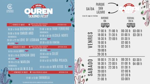 Detalle de los horarios de los conciertos y de los autobuses para ir y venir del festival.