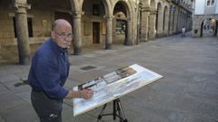 Al santiagu�s es posible verlo, a distintas horas, junto a un bloc. �Soy m�s dibujante que acuarelista� aclara sobre una afici�n que le ha llevado a retratar los grandes rincones de la ciudad. Su nuevo reto ser� dibujar Compostela desde arriba, desde los tejados de la Catedral. 