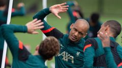 Fabinho, en un entrenamiento del Liverpool