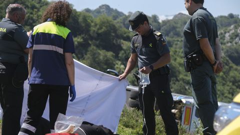 Accidentados son atendidos por los servicios sanitarios tras despearse un autobs con 48 pasajeros en la subida a los Lagos de Covadonga