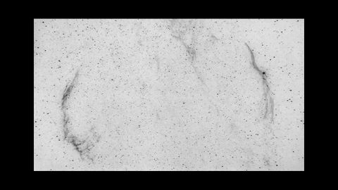Nebulosa del Velo
La Nebulosa delVelo son los restos de una explosin de supernova ocurrida hace unos 8000 aos que se encuentra en la constelacin del Cisne. Tiene tres partes, el Velo del Este, El Velo del Oeste y el Tringulo de Fleming.  Se encuentra a 2100 aos luz.  En el Nuevo Catlogo General el Velo del Oeste es denominado NGC 6990 y tiene una magnitud aparente de 7.
La foto en negativo est obtenida con una cmara cmara Canon Eos 6D, 250 segundos a Iso 2500 con filtro OIII y telescopio Omegon 1500x600,  sobre montura Orin Athlas.