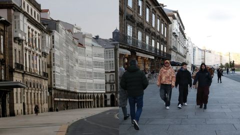 El confinamiento vació las calles de A Coruña, como la céntrica avenida de la Marina (a la izquierda), que este viernes lucía llena de gente (derecha)