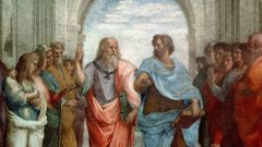 La obra,  La escuela de Atenas , de Rafael Sanzio, representa a Arist�teles a la derecha junto a Plat�n