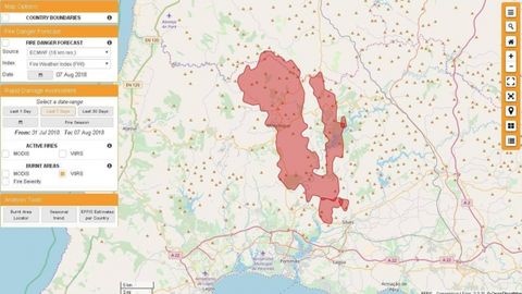 La extensi�n aproxiamada del incendio, seg�n el sat�lite Copernicus 