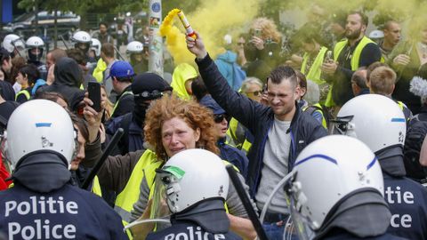 Varios centenares de �chalecos amarillos� participaron este domingo en una manifestaci�n no autorizada en el centro de Bruselas organizada con motivo del triple escrutinio regional, federal y europeo en B�lgica