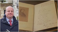 O investigador e membro correspondente da Real Academia Galega Diego Rodr�guez. � dereita, un exemplar manuscrito de �Cantares gallegos�.