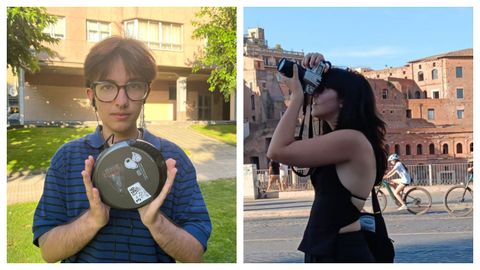 Ethan lvarez con su discman y Carlota Paredes tomando una fotografa analgica.
