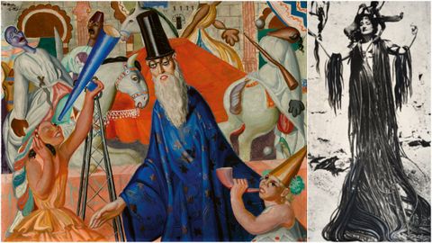 Detalle de la obra de Maruja Mallo El Mago/Pim Pam Pum (1926), cedida para la muestra por el Art Institute of Chicago. A la derecha, Maruja Mallo retratada en 1945 vestida de algas en la playa chilena de El Tabo.