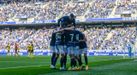 Los jugadores del Oviedo celebran el tanto de Masca al Zaragoza