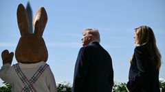 El presidente estadounidense Donald Trump y la primera dama Melania Trump posan junto a un conejito de Pascua disfrazado mientras se dirigen a la multitud desde el balc�n durante la tradicional b�squeda de huevos de Pascua en el jard�n sur de la Casa Blanca.